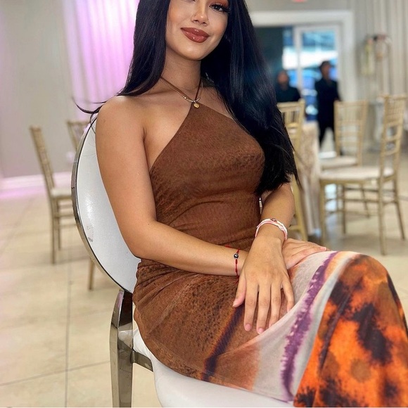 ZARA Tulle Bloggers Favorite Halter Maxi open back Dress Brown Open Back NWT - Picture 6 of 11